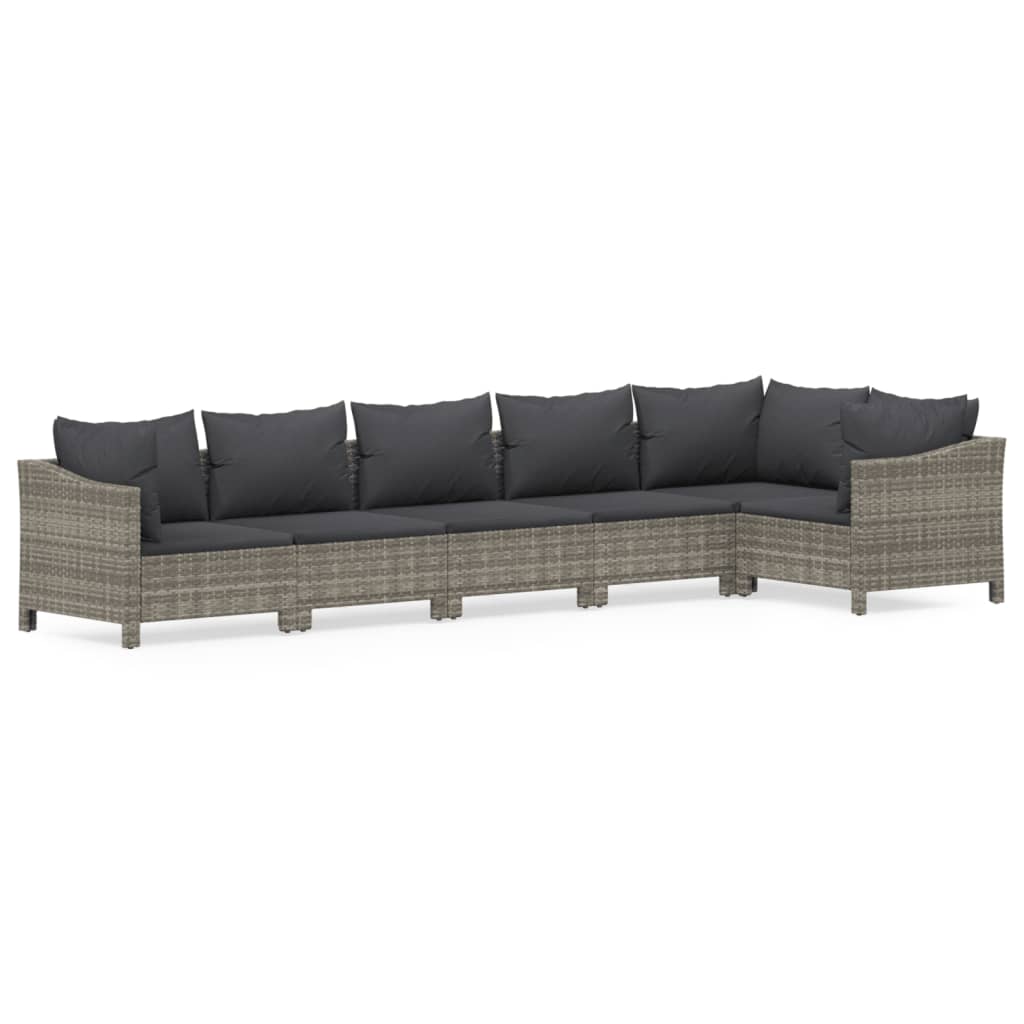 6-tlg. Garten-Lounge-Set mit Kissen Grau Poly Rattan