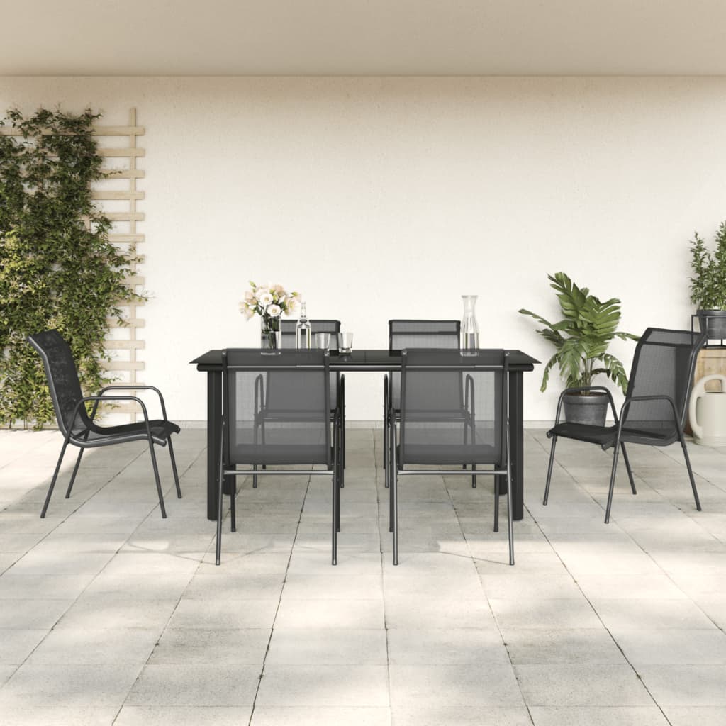 7-tlg. Garten-Essgruppe Schwarz Stahl und Textilene