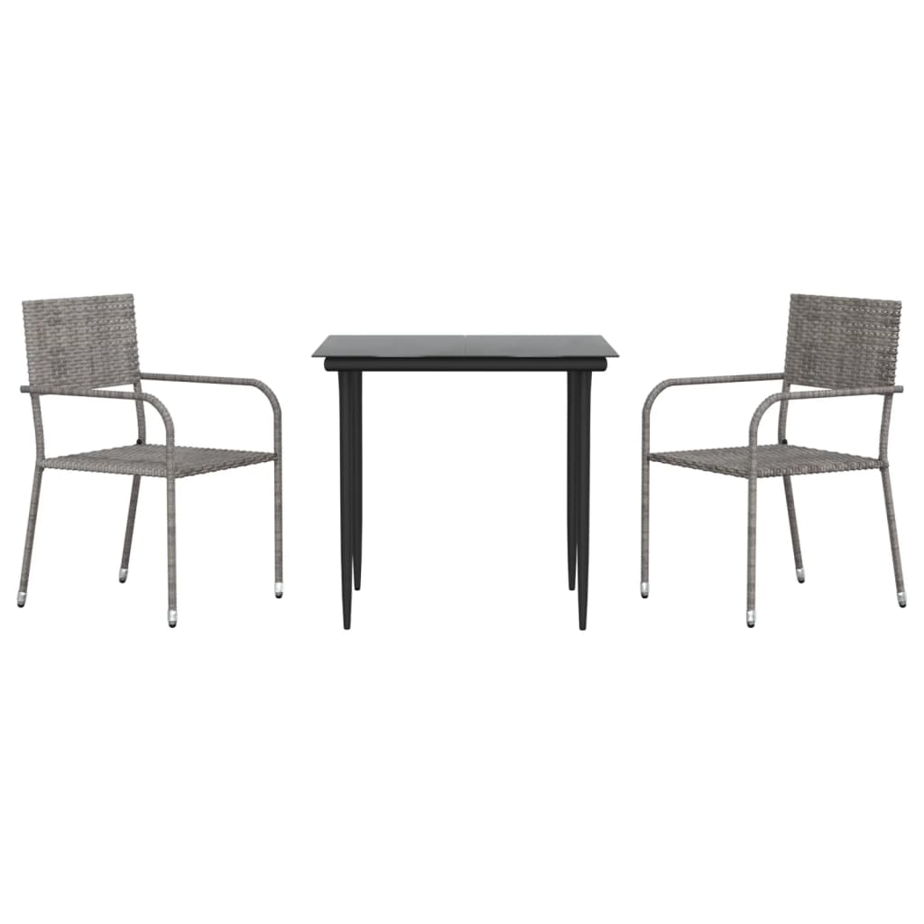 3-tlg. Garten-Essgruppe Grau und Schwarz Poly Rattan und Stahl