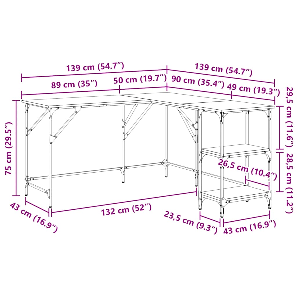 Schreibtisch Grau Sonoma 139x139x75 cm Holzwerkstoff