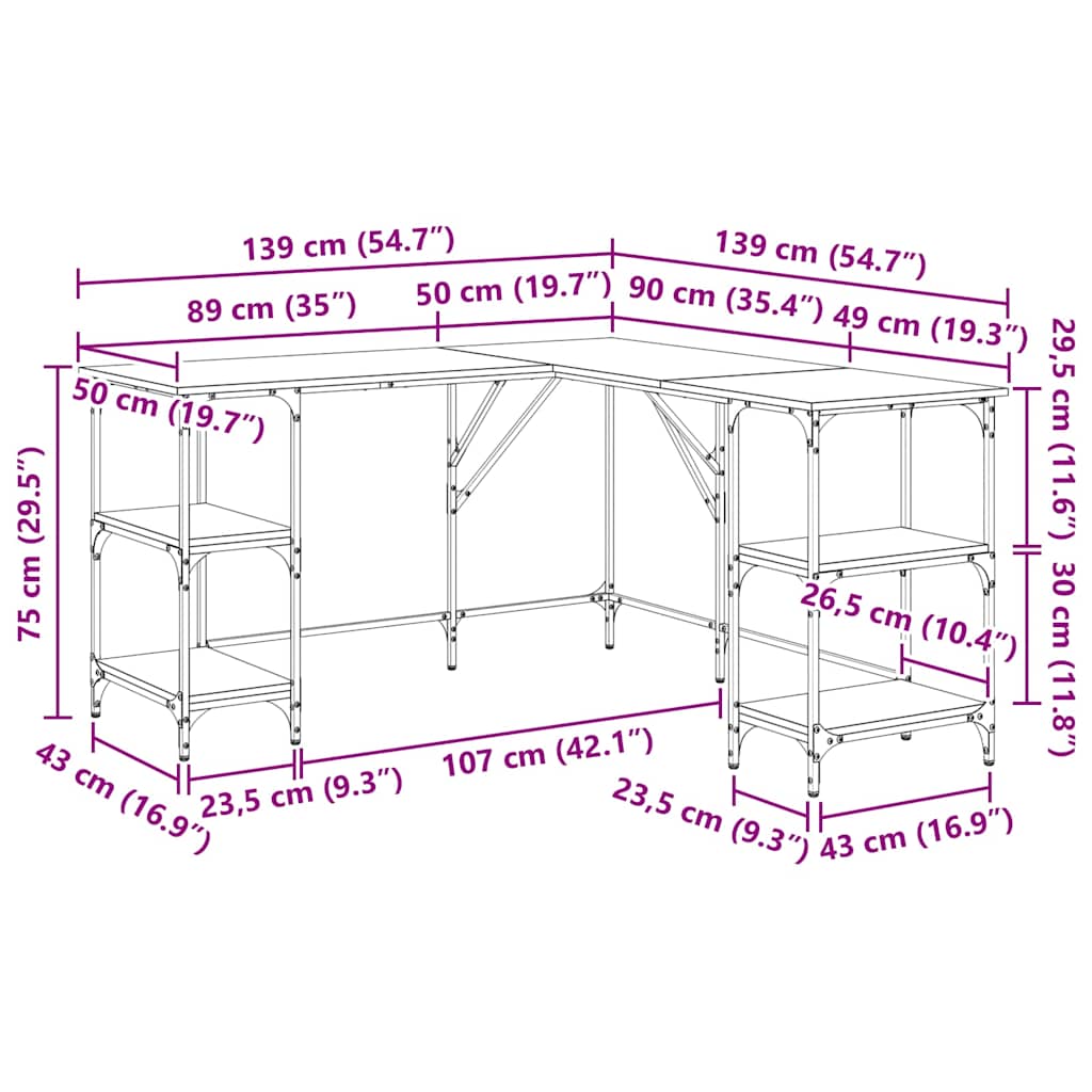 Schreibtisch Grau Sonoma 139x139x75 cm Holzwerkstoff