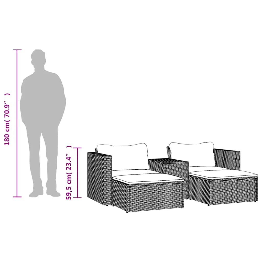 5-tlg. Garten-Sofagarnitur mit Kissen Grau Poly Rattan Akazie