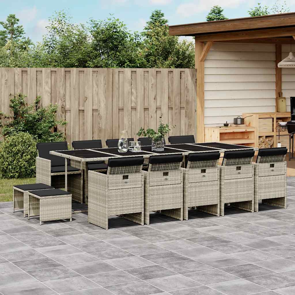 15-tlg. Garten-Essgruppe mit Kissen Hellgrau Poly Rattan