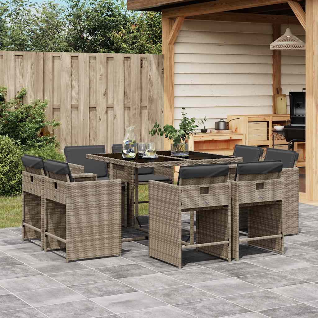 9-tlg. Garten-Essgruppe mit Kissen Grau Poly Rattan