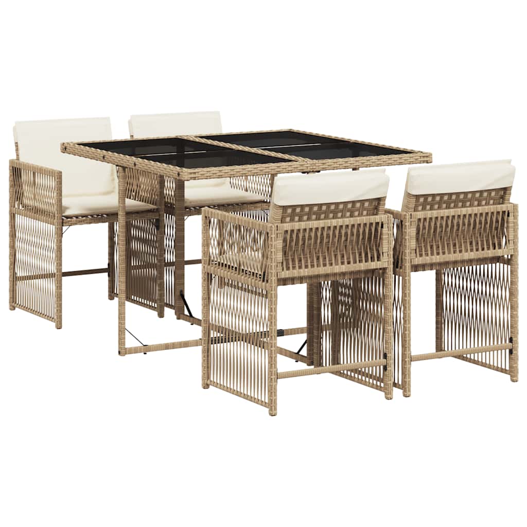 5-tlg. Garten-Essgruppe mit Kissen Beige Poly Rattan
