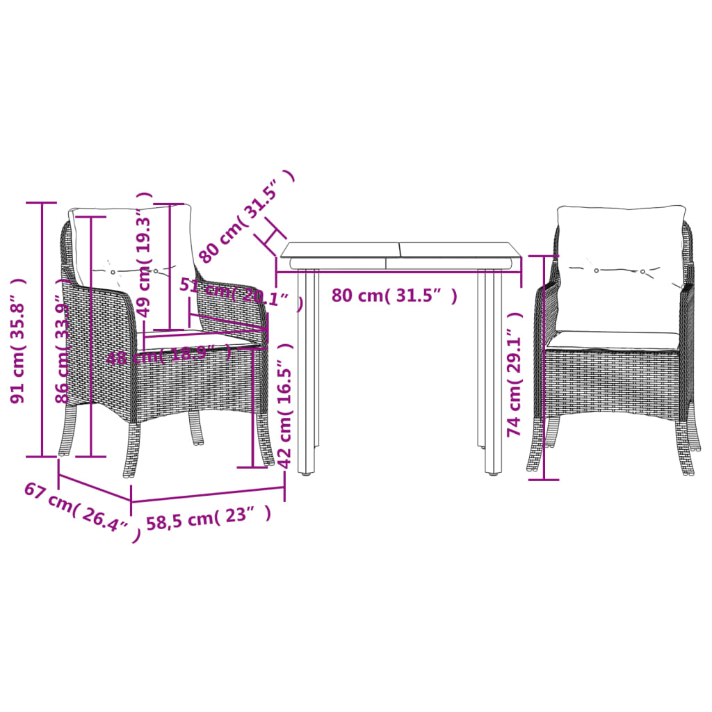3-tlg. Garten-Essgruppe mit Kissen Braun Poly Rattan