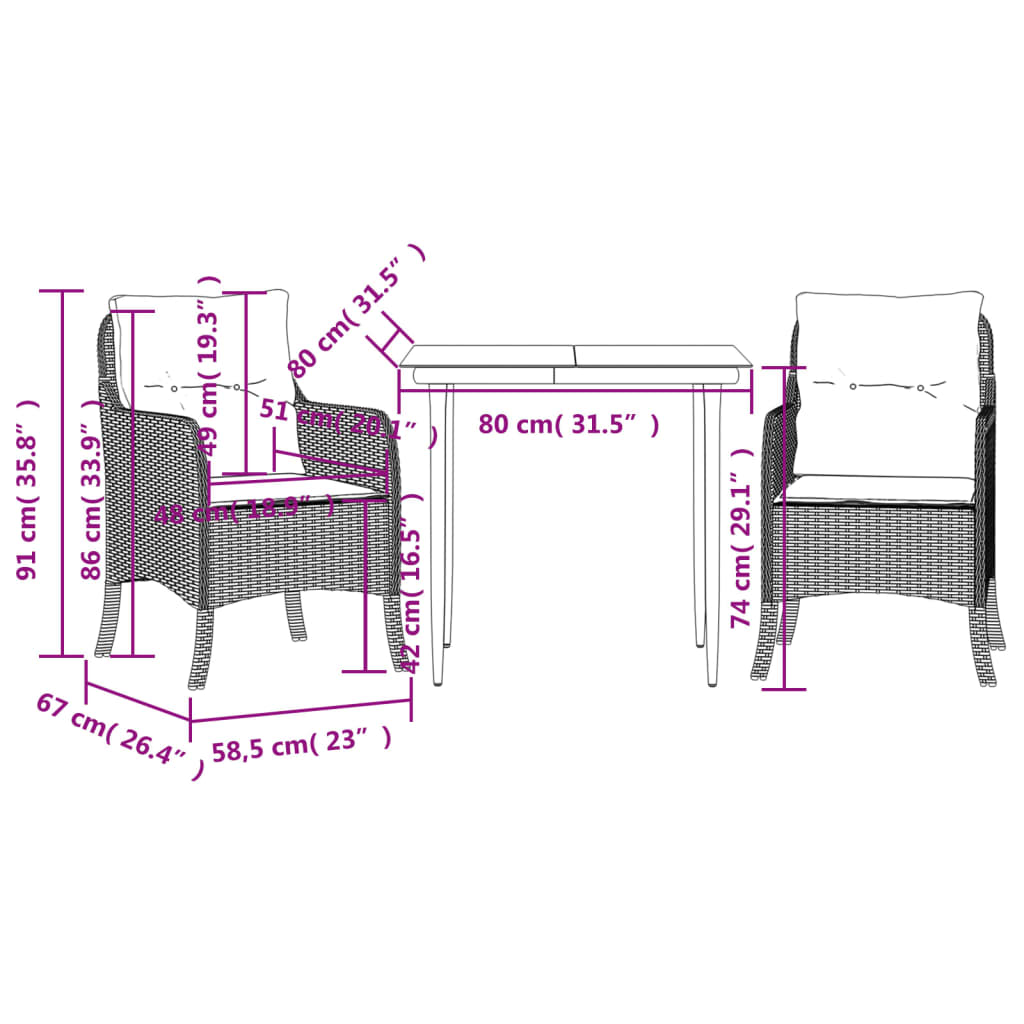 3-tlg. Garten-Essgruppe mit Kissen Grau Poly Rattan