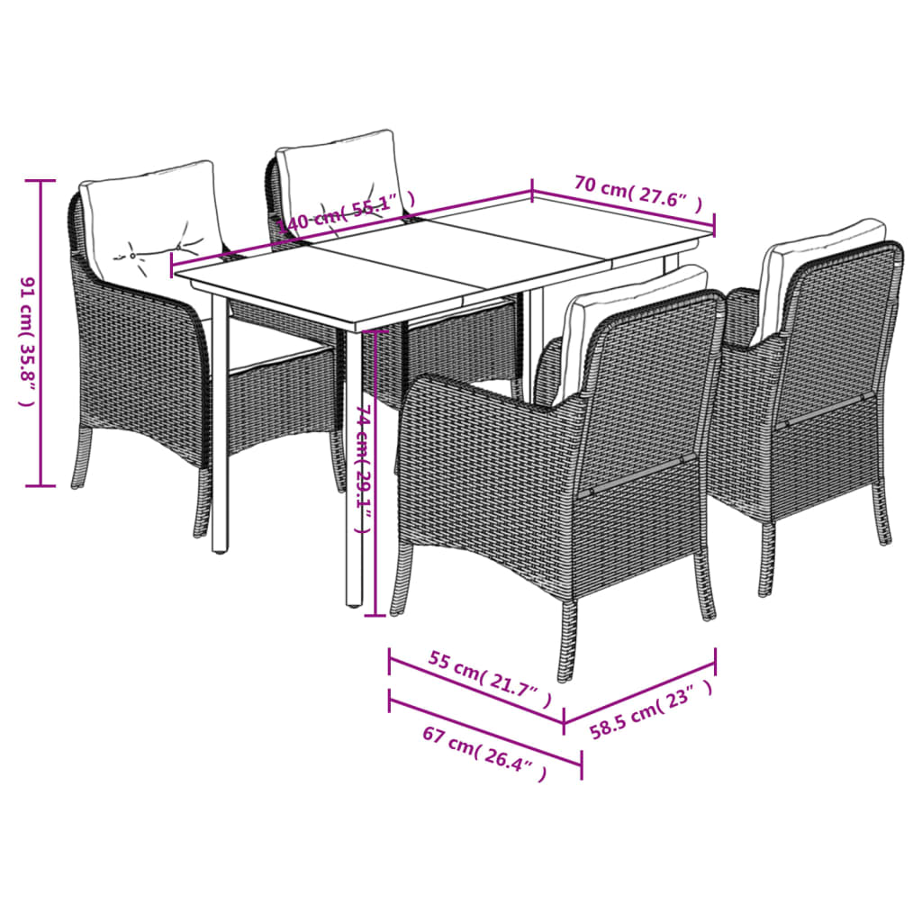 5-tlg. Garten-Essgruppe mit Kissen Grau Poly Rattan