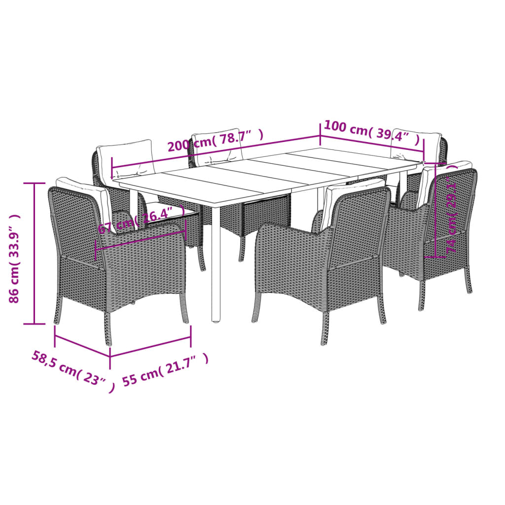 7-tlg. Garten-Essgruppe mit Kissen Grau Poly Rattan