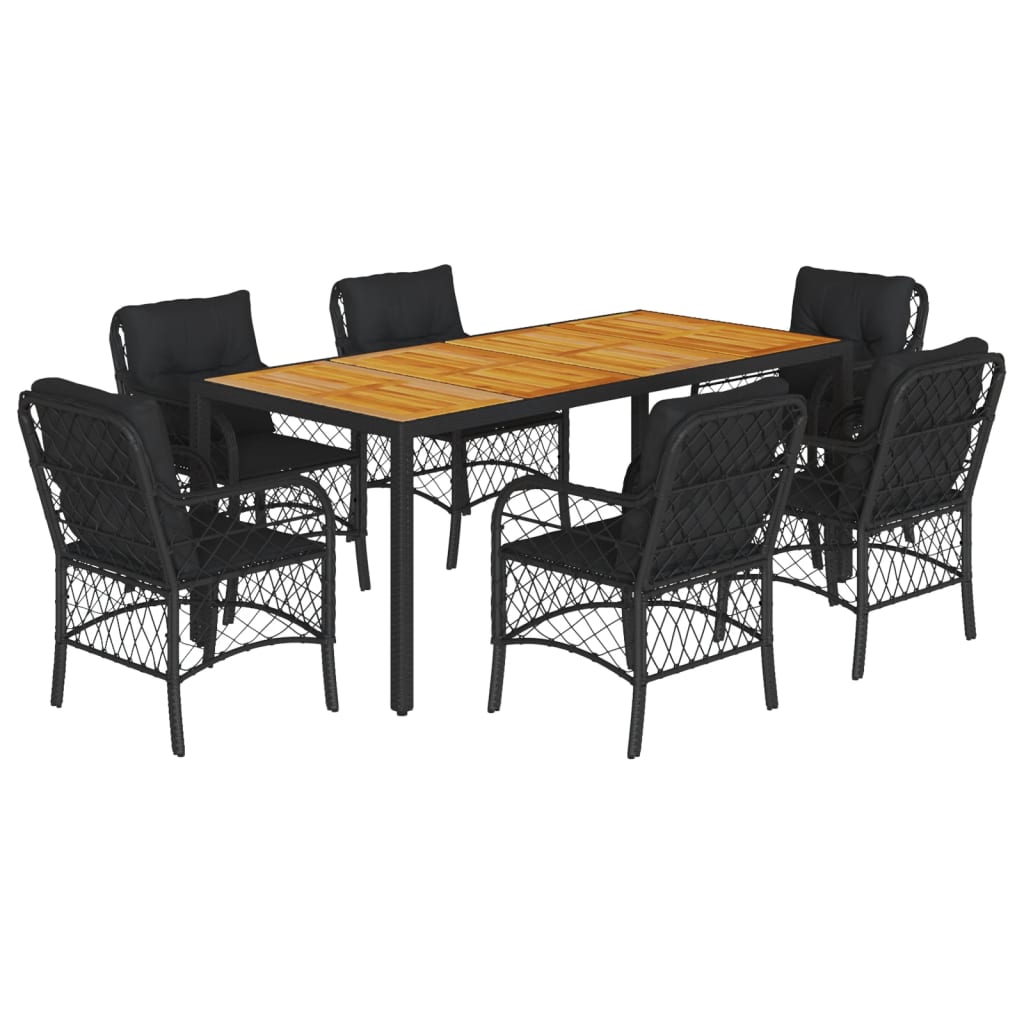 7-tlg. Garten-Essgruppe mit Kissen Schwarz Poly Rattan