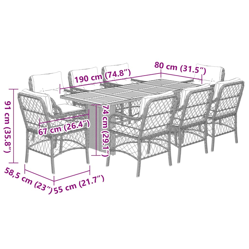9-tlg. Garten-Essgruppe mit Kissen Beigemischung Poly Rattan