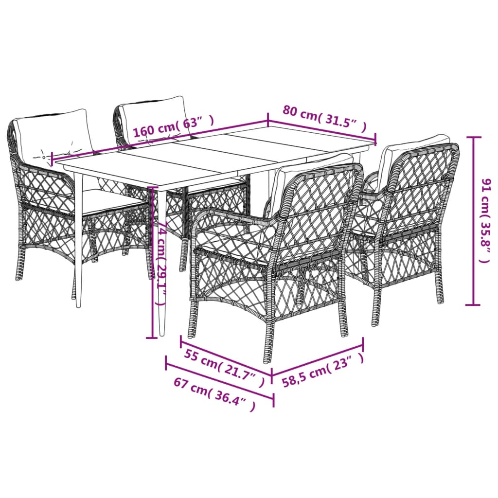 5-tlg. Garten-Essgruppe mit Kissen Braun Poly Rattan