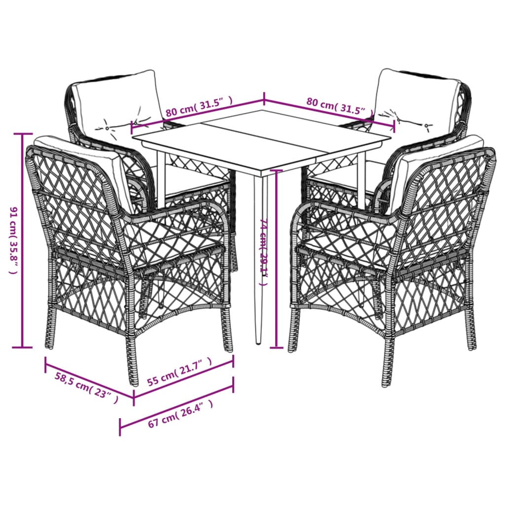 5-tlg. Garten-Essgruppe mit Kissen Beige Poly Rattan