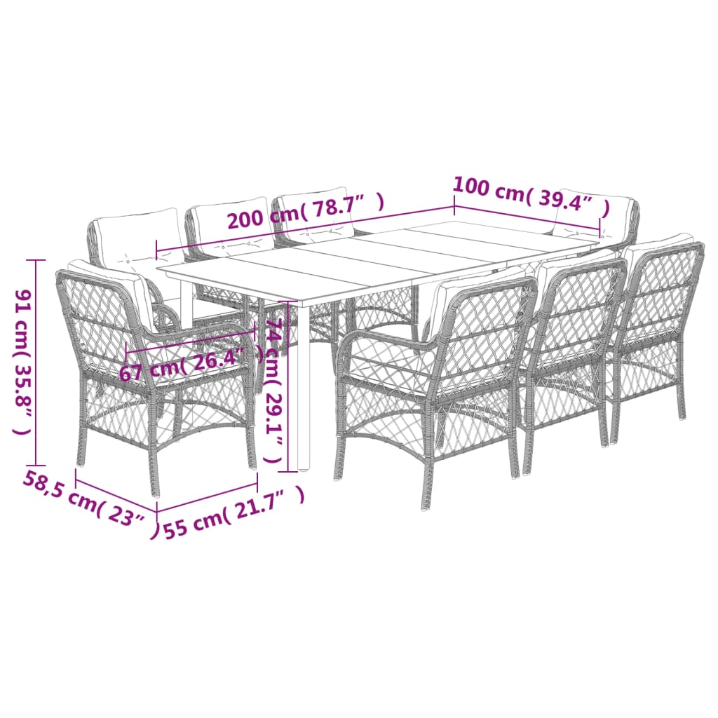 9-tlg. Garten-Essgruppe mit Kissen Beigemischung Poly Rattan