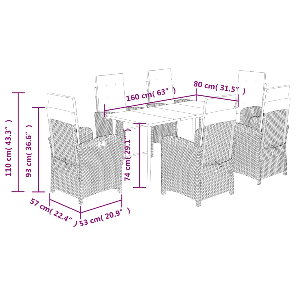 7-tlg. Garten-Essgruppe mit Kissen Braun Poly Rattan