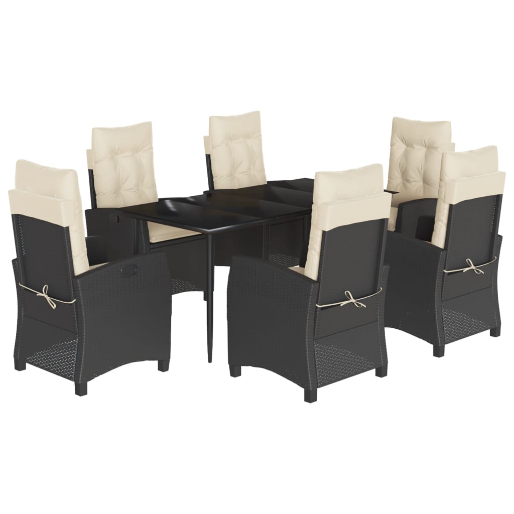 7-tlg. Garten-Essgruppe mit Kissen Schwarz Poly Rattan