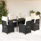 7-tlg. Garten-Essgruppe mit Kissen Schwarz Poly Rattan