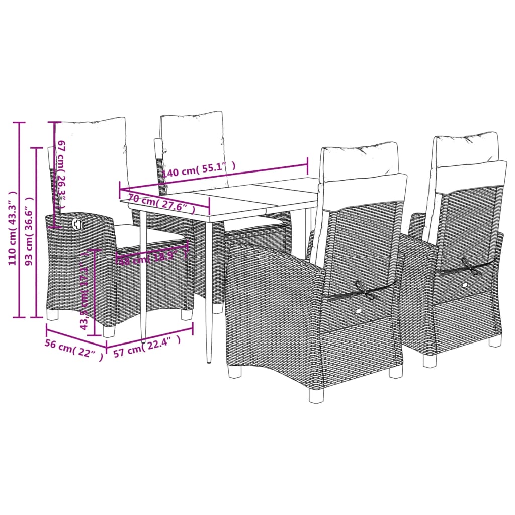 5-tlg. Garten-Essgruppe mit Kissen Braun Poly Rattan