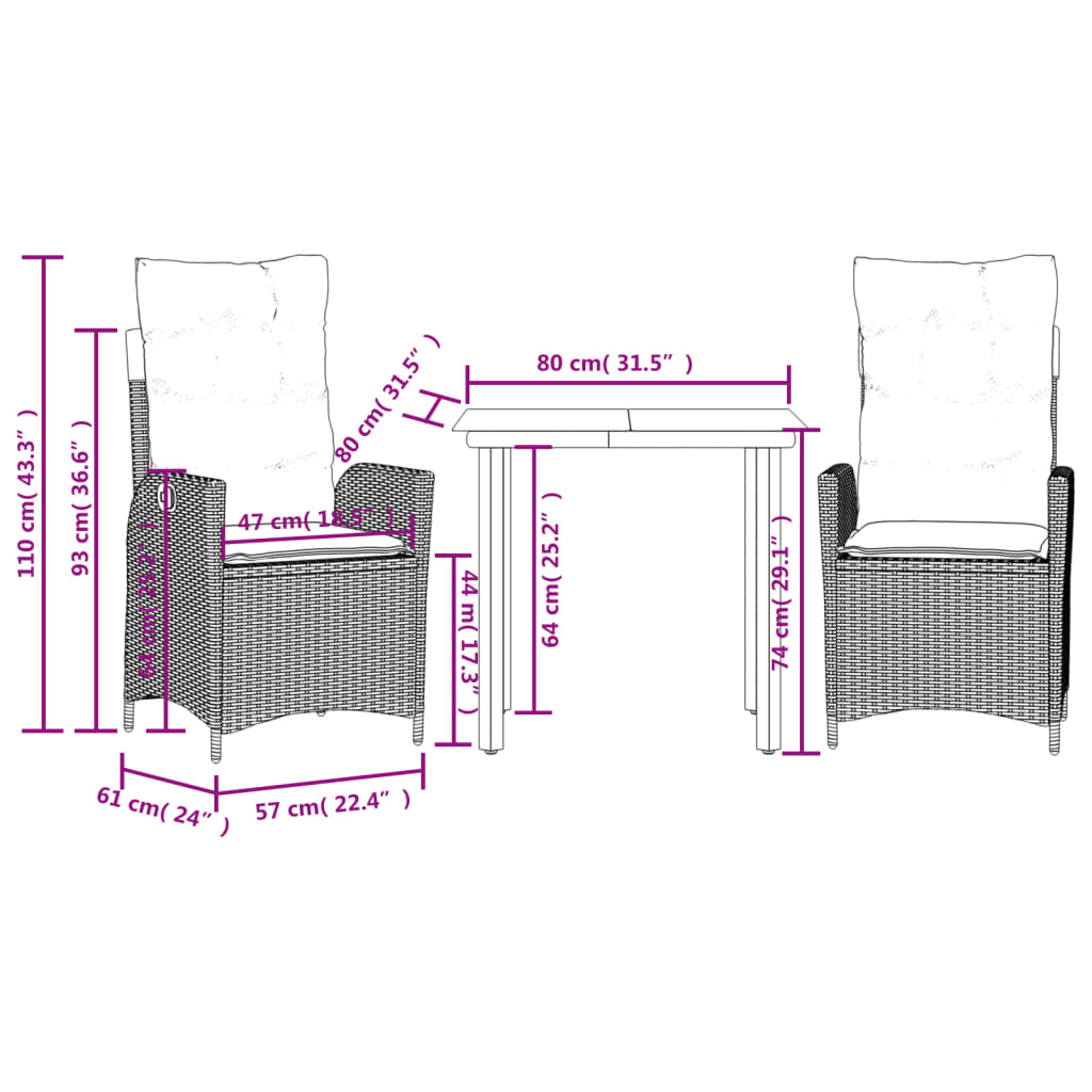 3-tlg. Garten-Essgruppe mit Kissen Schwarz Poly Rattan