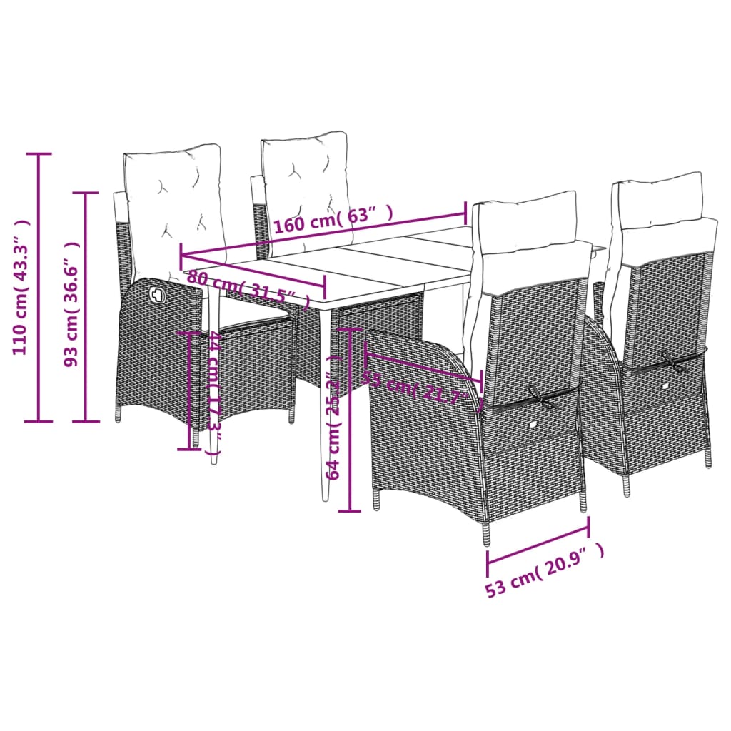 5-tlg. Garten-Essgruppe mit Kissen Braun Poly Rattan