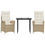 3-tlg. Garten-Essgruppe mit Kissen Beige Poly Rattan