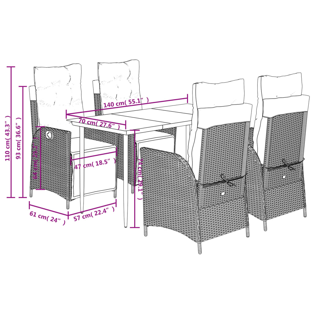 5-tlg. Garten-Essgruppe mit Kissen Schwarz Poly Rattan