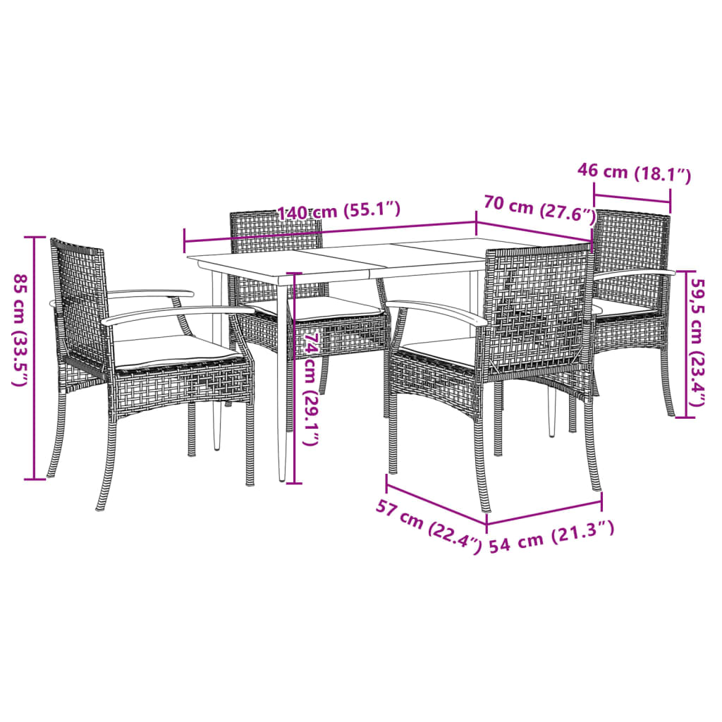 5-tlg. Garten-Essgruppe mit Kissen Grau Poly Rattan