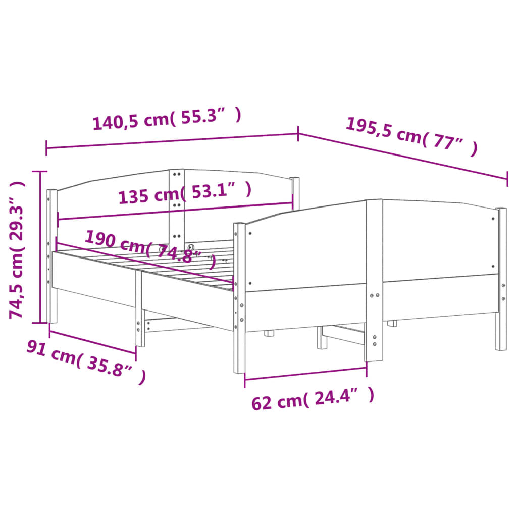Massivholzbett ohne Matratze Weiß 135x190 cm Kiefernholz