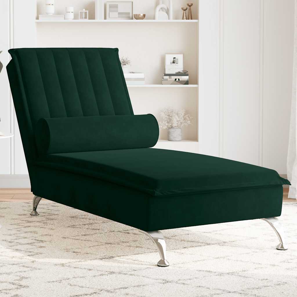 Massage-Chaiselongue mit Nackenrolle Dunkelgrün Samt