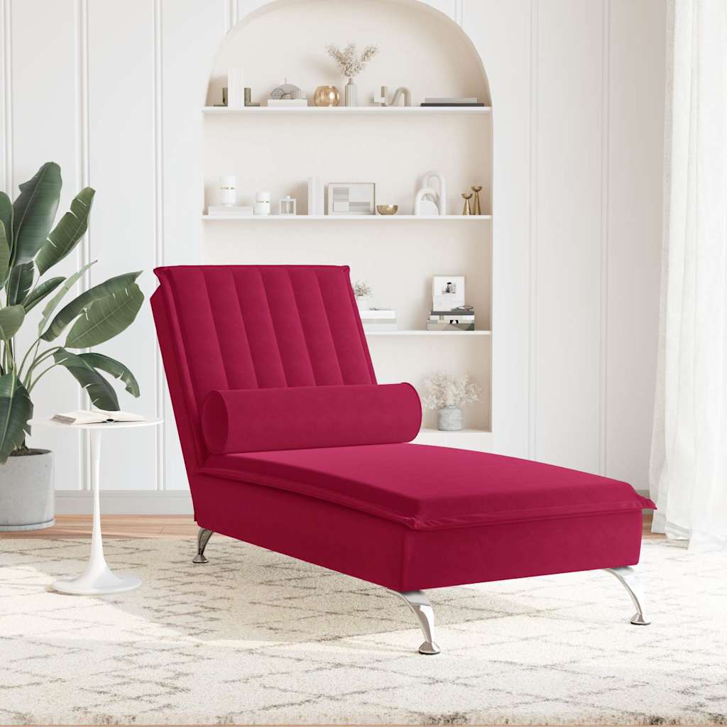 Massage-Chaiselongue mit Nackenrolle Weinrot Samt