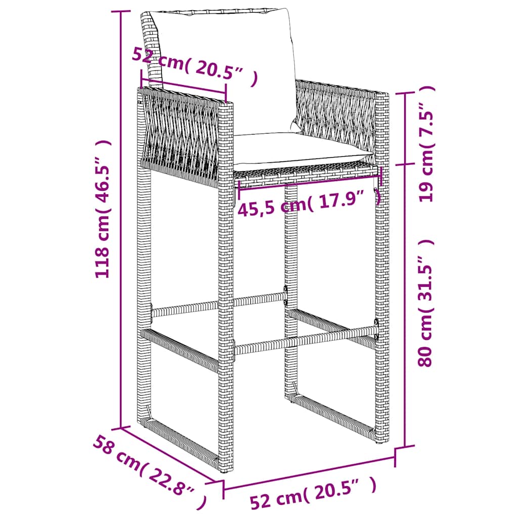 Garten-Barhocker mit Kissen 2 Stk. Grau Poly Rattan