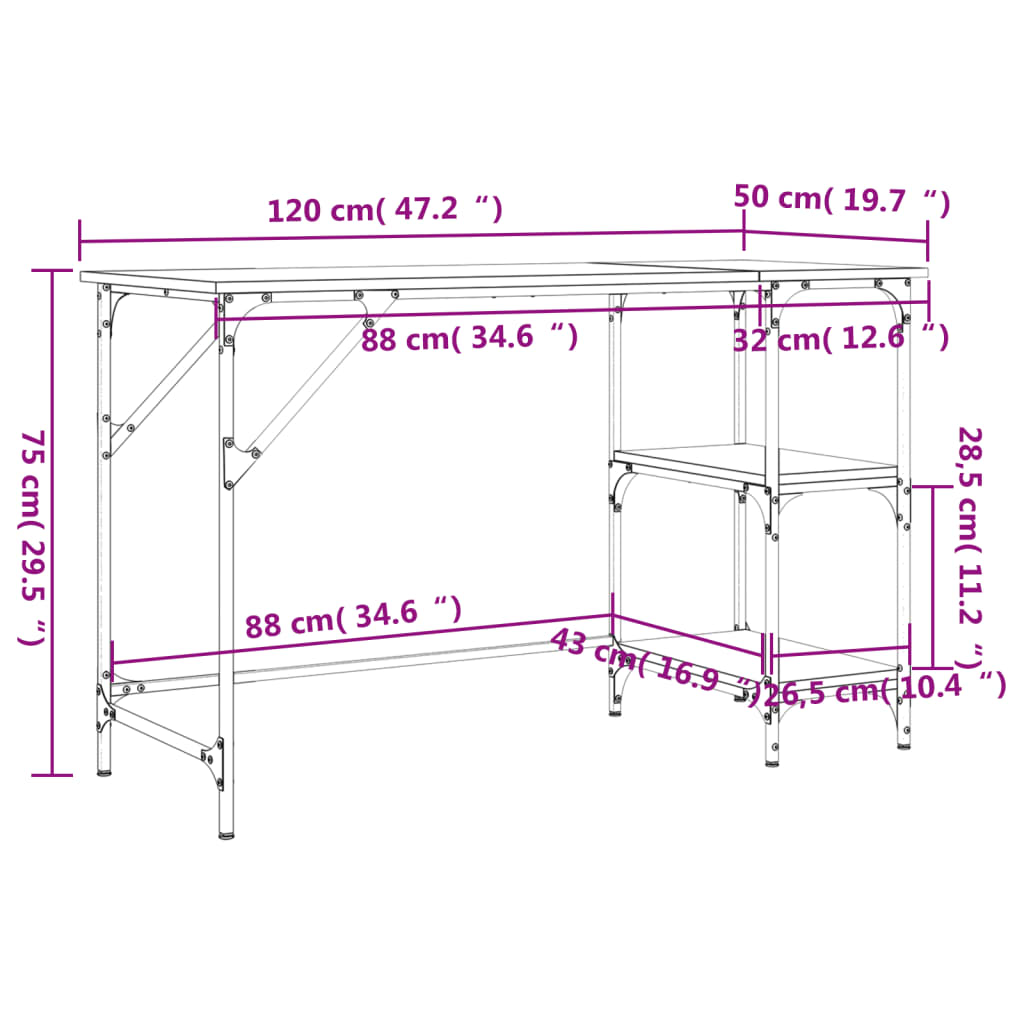 Schreibtisch Räuchereiche 120x50x75 cm Metall Holzwerkstoff