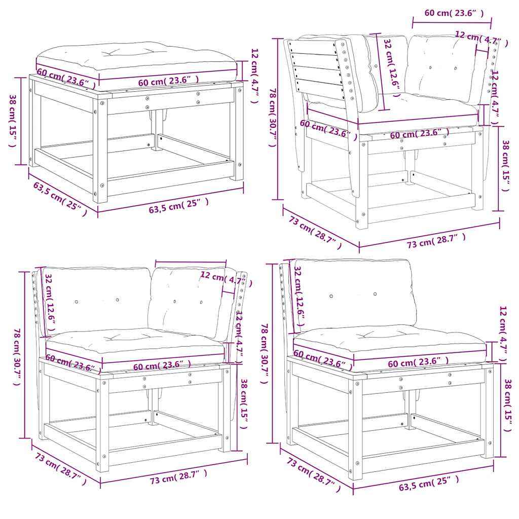 5-tlg. Garten-Lounge-Set mit Kissen Massivholz Kiefer