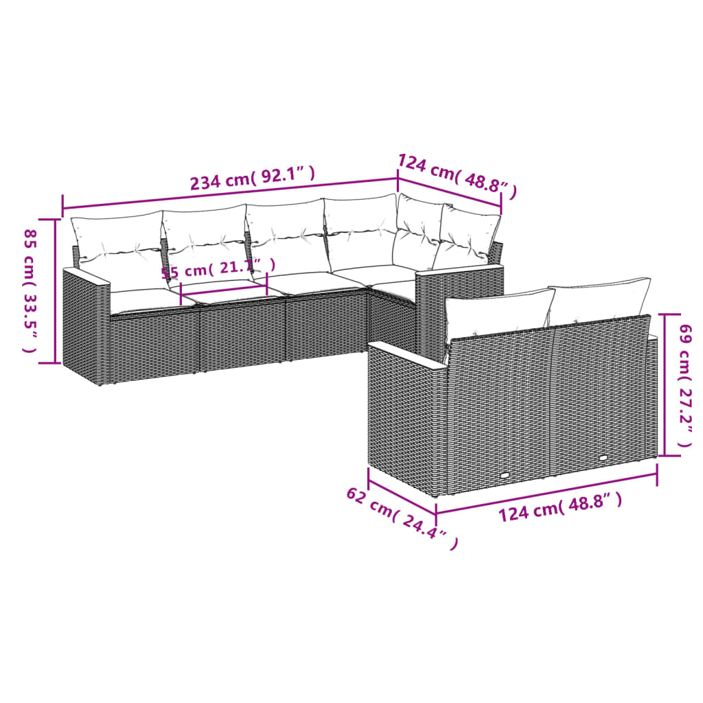 7-teiliges Gartensofa-Set mit Kissen, grau, Polyrattan
