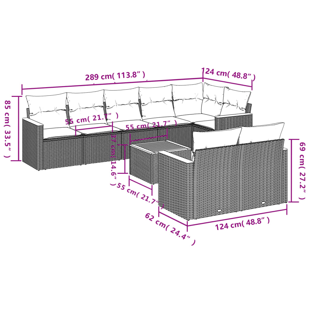 9-teiliges Gartensofa-Set mit Kissen, schwarzes Polyrattan