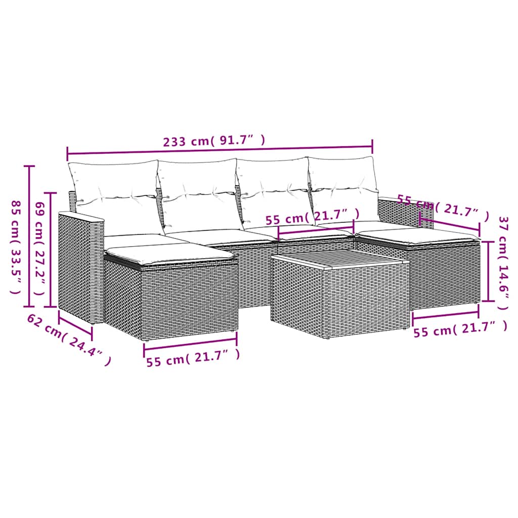 7-tlg. Garten-Sofagarnitur mit Kissen Schwarz Poly Rattan