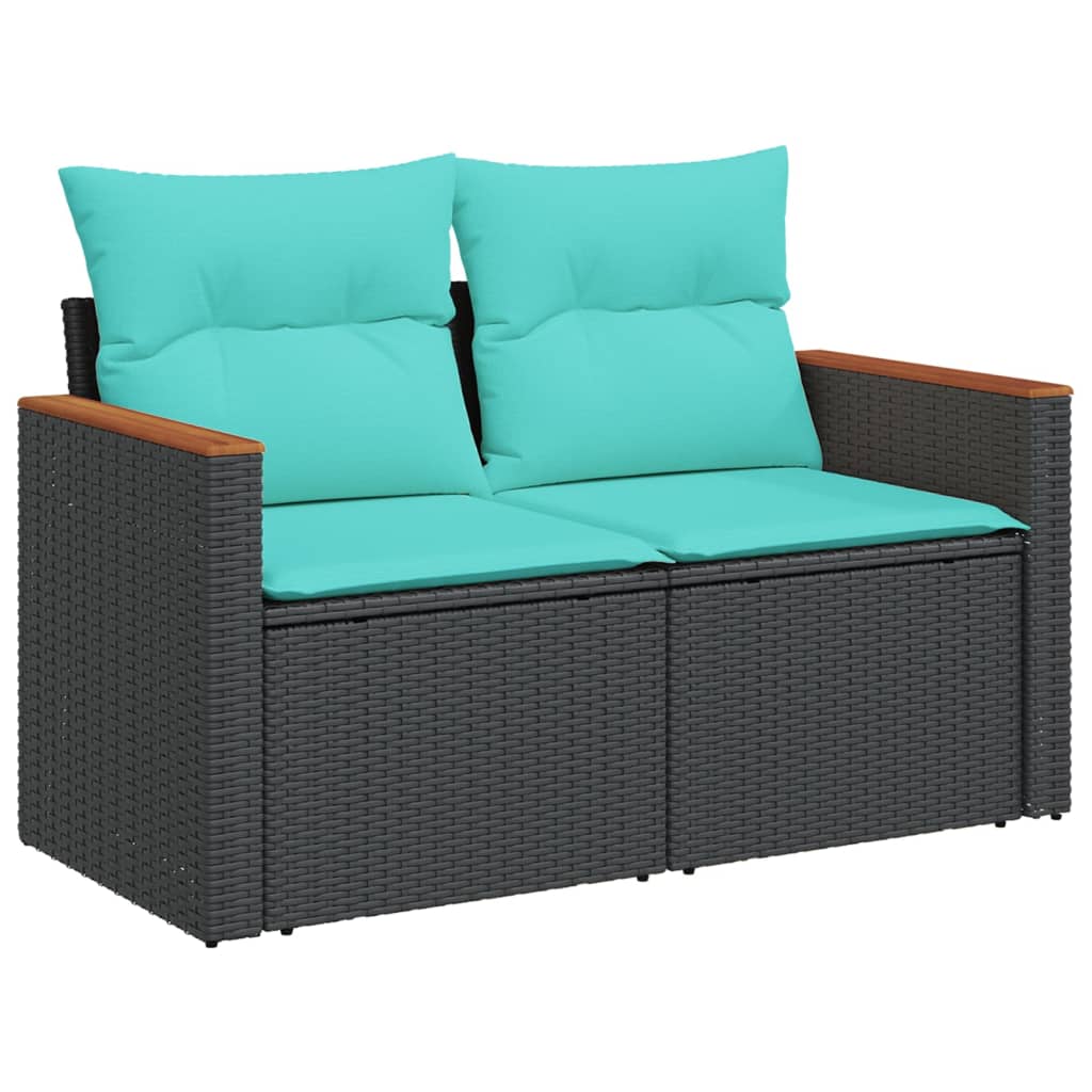7-teiliges Gartensofa-Set mit Kissen, schwarzes Polyrattan