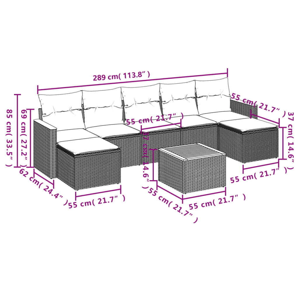 8-teiliges Gartensofa-Set mit Kissen, grau, Polyrattan