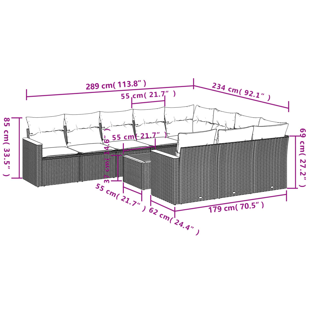 11-teiliges Gartensofa-Set mit Kissen, schwarzes Polyrattan