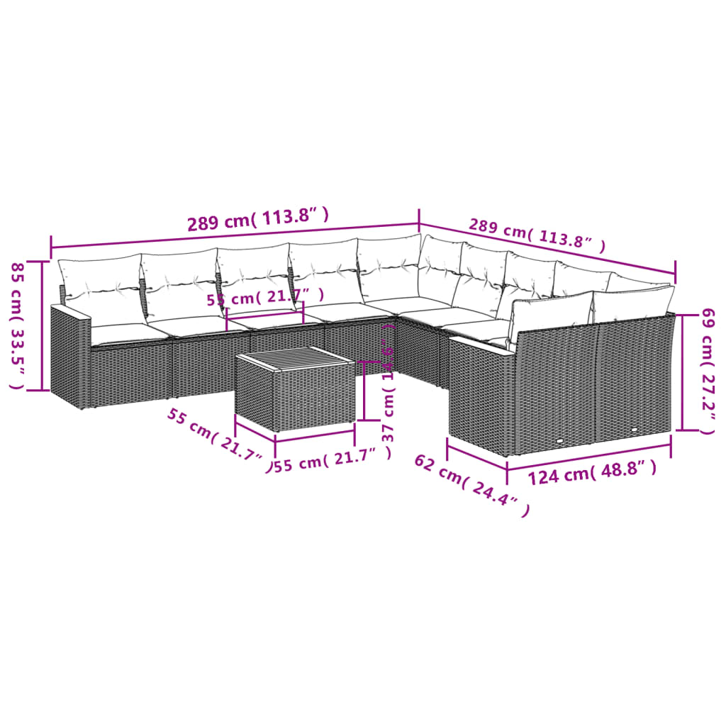 11-teiliges Gartensofa-Set mit Kissen, schwarzes Polyrattan