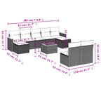 10-teiliges Gartensofa-Set mit Kissen, schwarzes Polyrattan