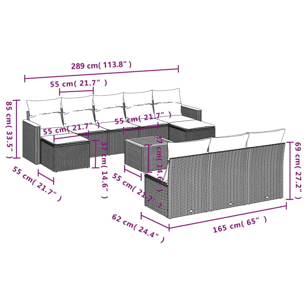11-tlg. Garten-Sofagarnitur mit Kissen Schwarz Poly Rattan