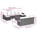 11-teiliges Gartensofa-Set mit Kissen, schwarzes Polyrattan