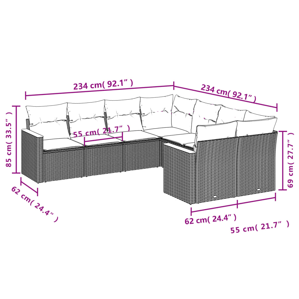 8-teiliges Gartensofa-Set mit Kissen, grau, Polyrattan