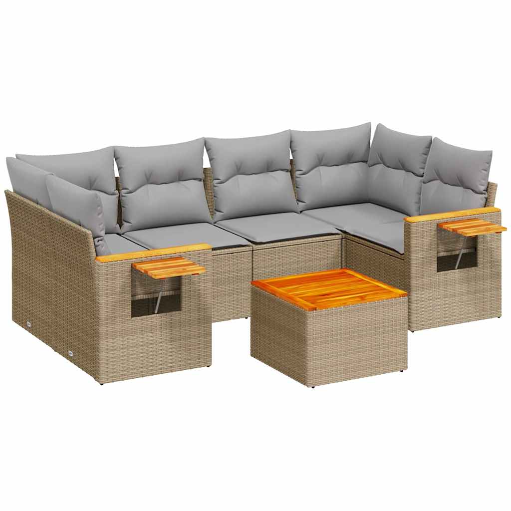 7-tlg. Garten-Sofagarnitur mit Kissen Beige Poly Rattan