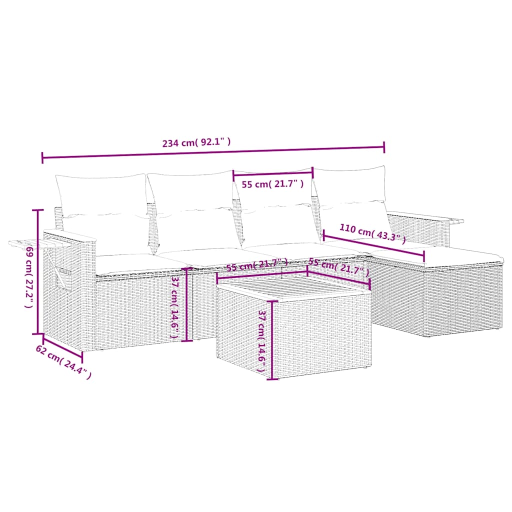 6-tlg. Garten-Sofagarnitur mit Kissen Schwarz Poly Rattan