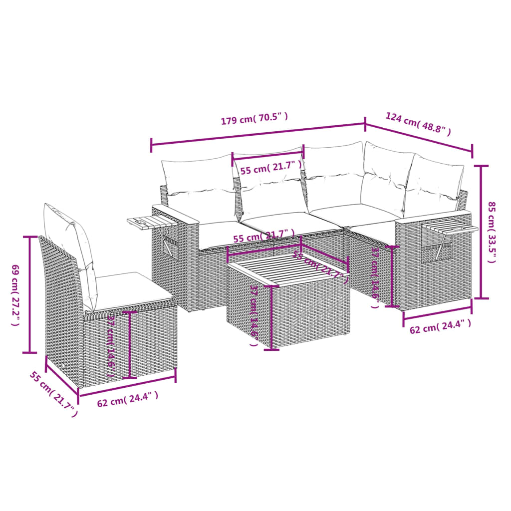 6-tlg. Garten-Sofagarnitur mit Kissen Grau Poly Rattan