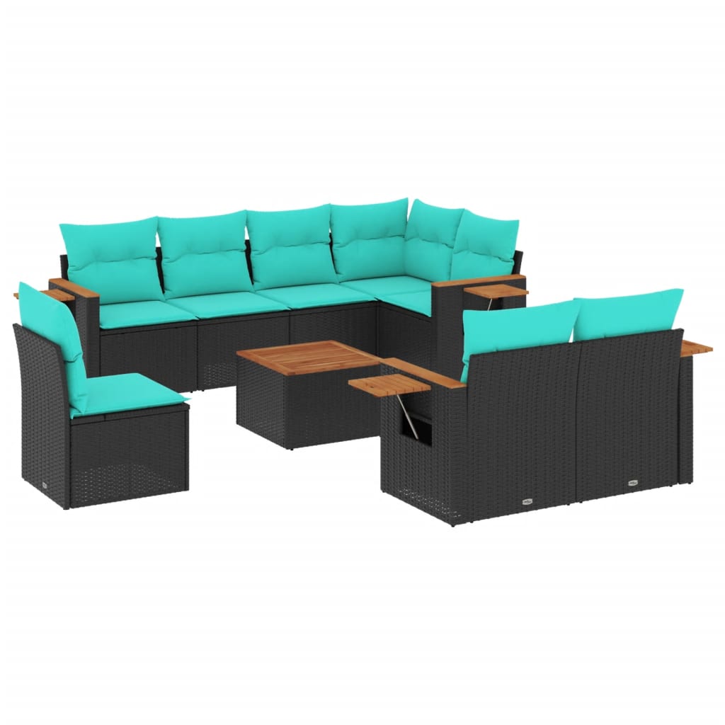 9-tlg. Garten-Sofagarnitur mit Kissen Schwarz Poly Rattan