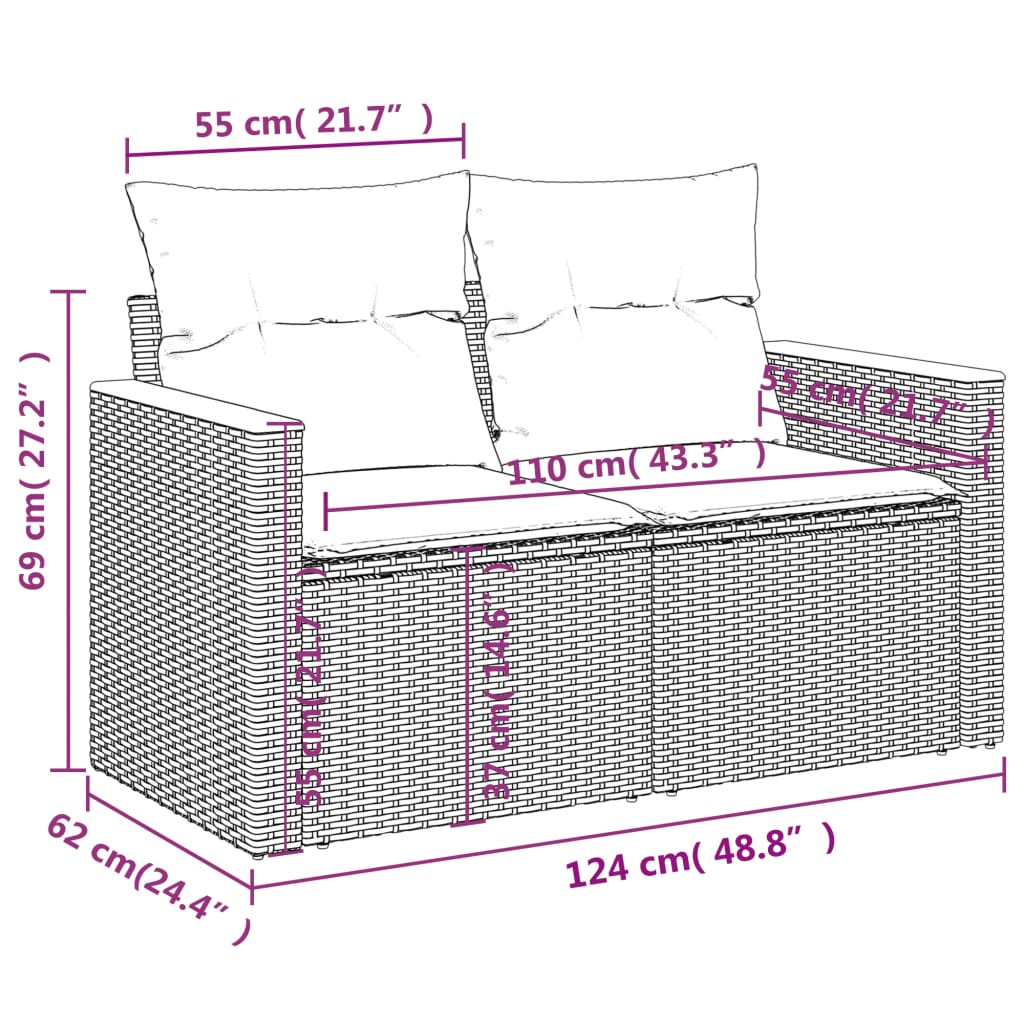 4-teiliges Gartensofa-Set mit Kissen, grau, Polyrattan