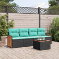 5-teiliges Gartensofa-Set mit Kissen, schwarzes Polyrattan